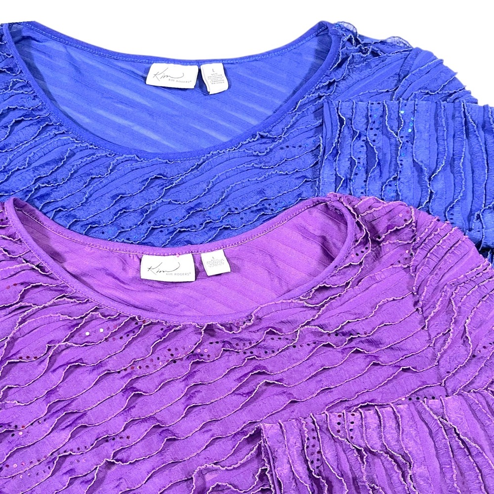 2pk Kim Rogers L Blue Purple Top Ruffle Sequin 3/4 Sleeve Mermaidcore Textured